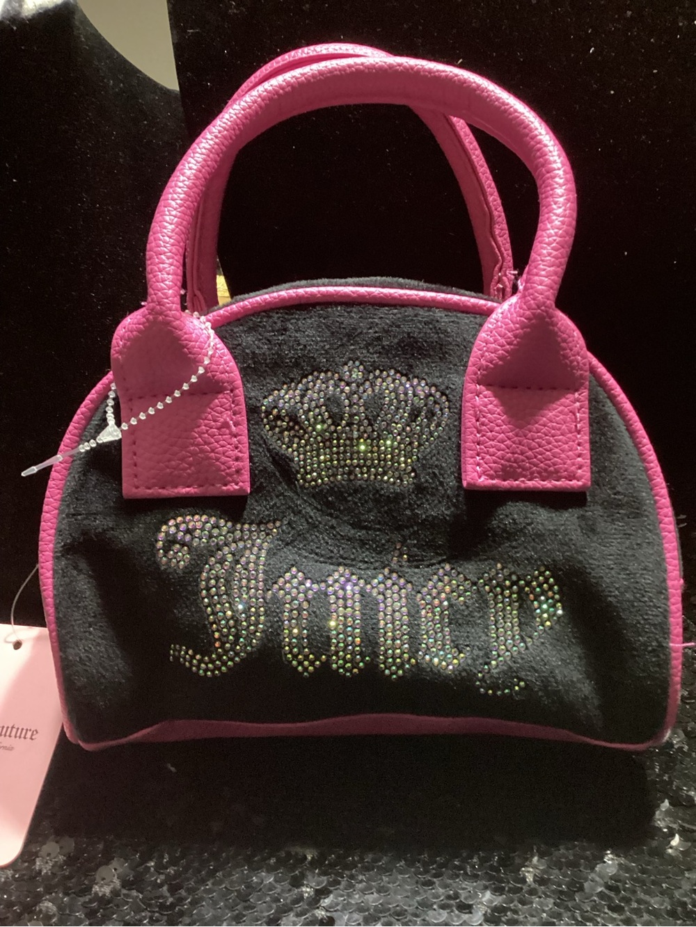Girl’s Juicy Couture Black Mini Satchel with Hot Pink Trim and Rhinestone Logo